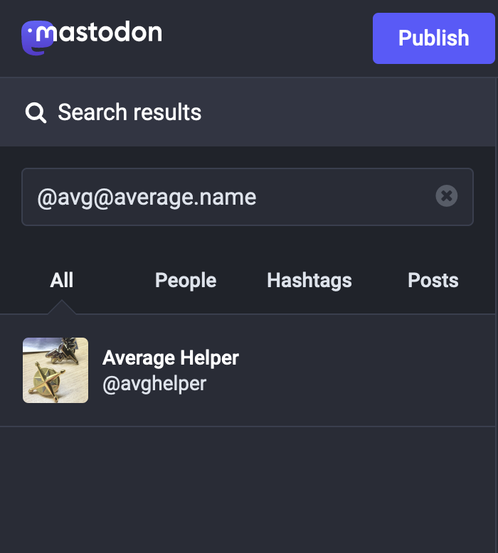 A Mastodon search for "at A V G at average dot name." A single result appears for @avghelper on the local server.